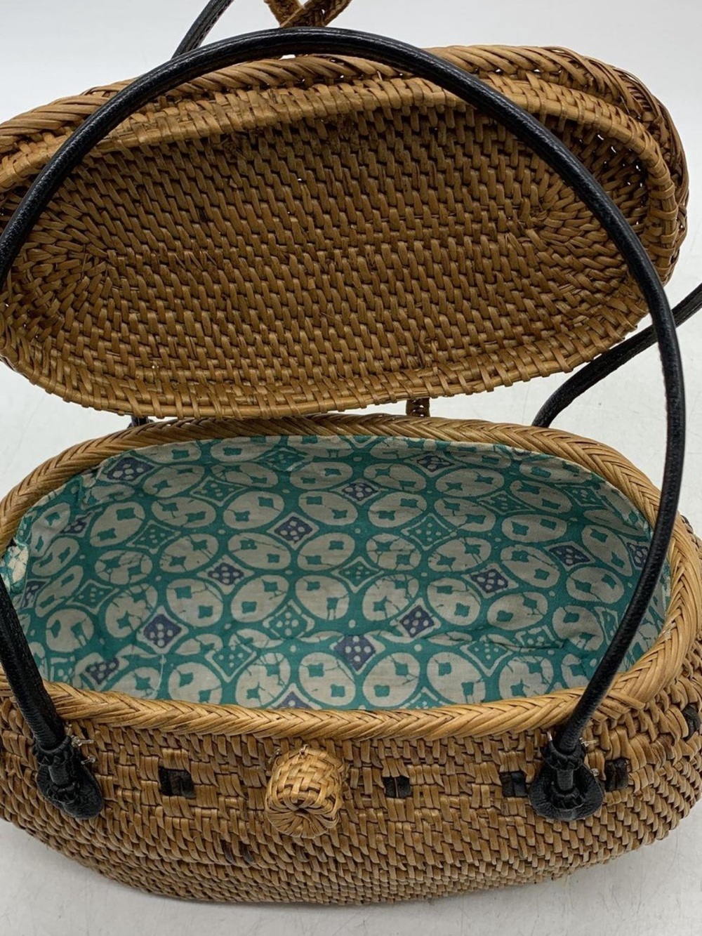 Vintage Rattan Woven Boho Handbag Brown Basket Purse Blue Batik Lining - Picture 5 of 8